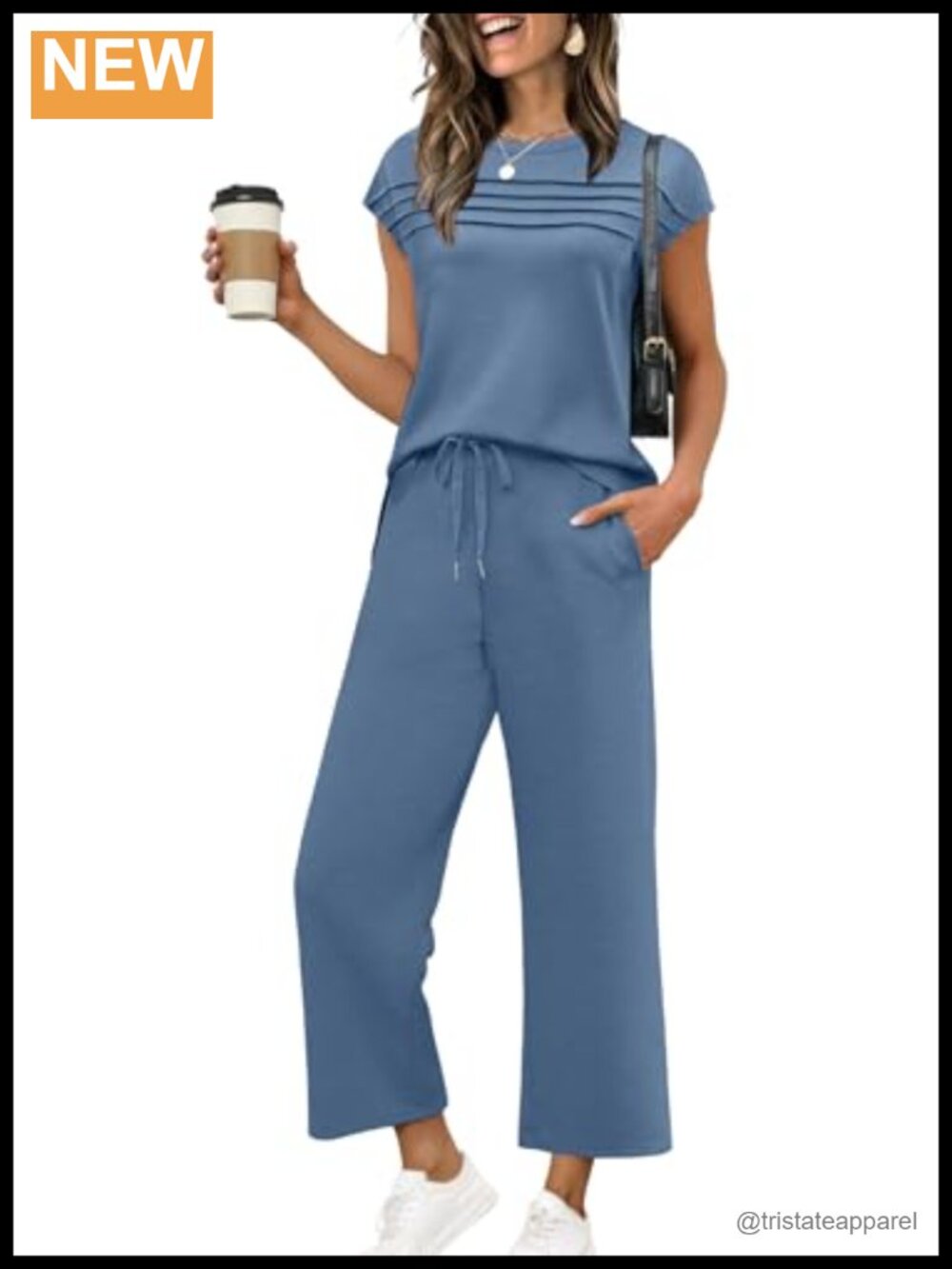 WIHOLL Two Piece Set Cap Sleeve Top Wide Leg Crop Pants Travel Lounge Matching